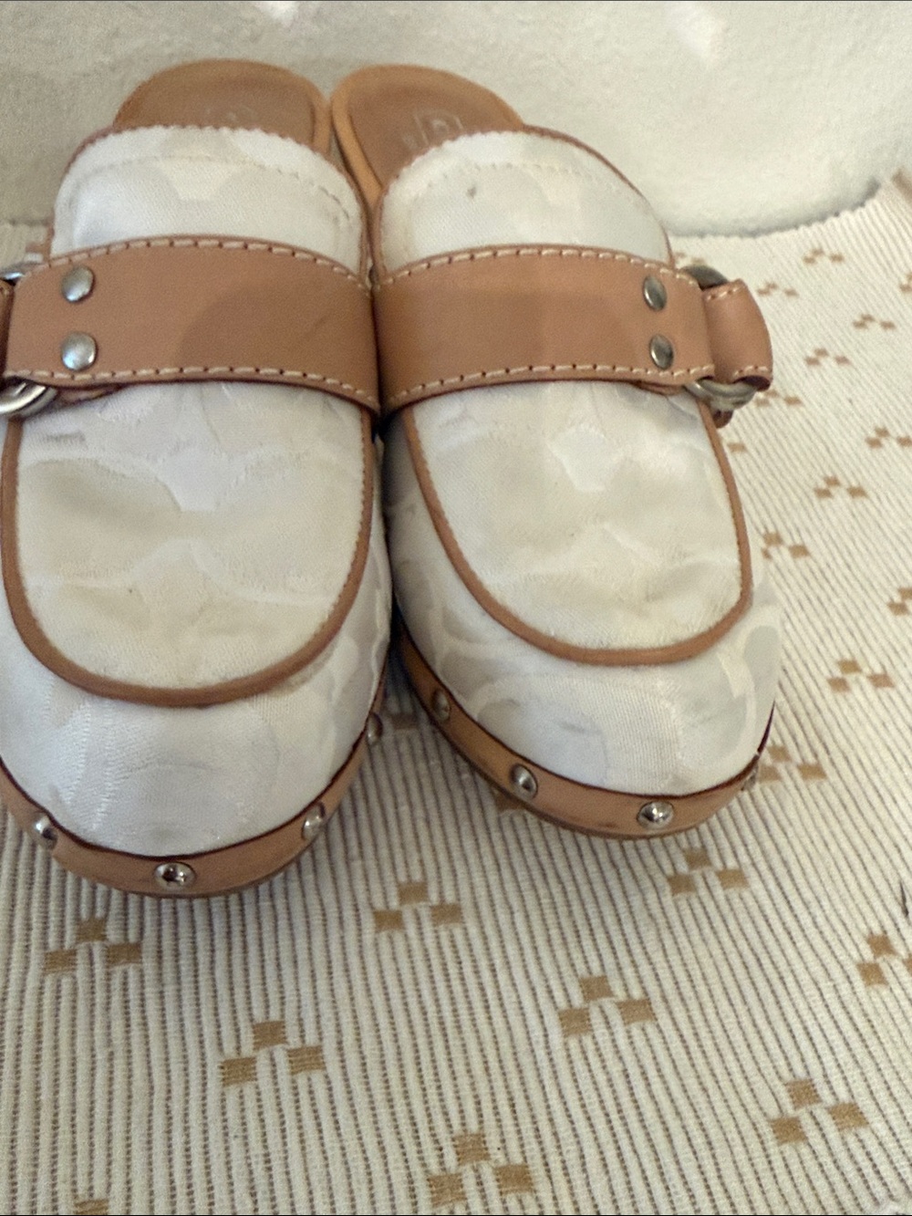 Coach Raina Signature Jacquard Wooden Clogs Mules Tan White Size 7 - Picture 13 of 14